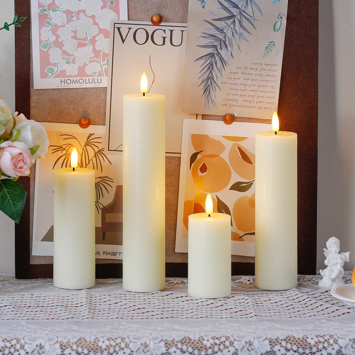 Vtobay Flickering Flameless Pillar Candles with Remote Control and Cycle Timer,Ivory Pack of 4 Battery Operated(Powered by 2AA) LED Real Wax Tall Fake 3D-Wick Electric Candles(D 2.2” x H 4”,6”,8”,10”)