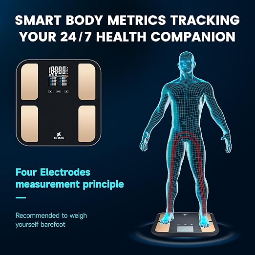 EILISON Digital Bathroom Scale with 4 Electrodes & BIA Technology High-Precision Smart Body Fat Analyzer,Large Color Night Vision Touchscreen,Bluetooth App Sync for 19 Metrics,396LBS Capacity (Black)