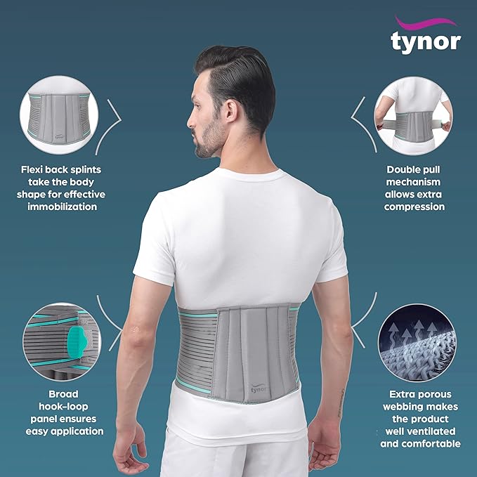 TYNOR Back Brace Lumbo Sacral Belt for Men & Women, Herniated Disc, Sciatica, Scoliosis & Lower Back Pain Breathable Back Support Belt, Adjustable Straps with Removable Pad (Small, Grey)