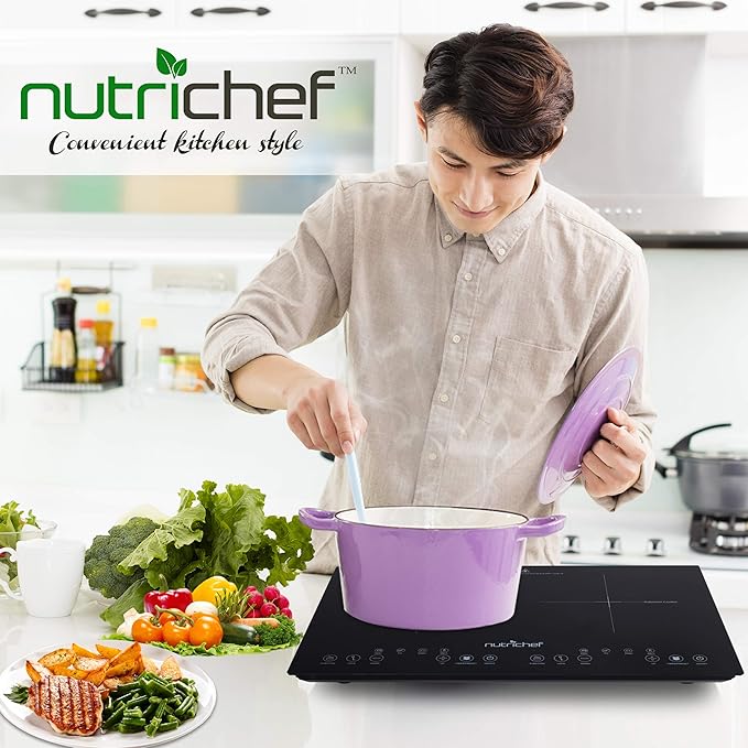 NutriChef Dual 120V Electric Induction Cooker - 1800w Portable Digital Ceramic Countertop Double Burner Cooktop w/ Kids Safety Lock - Works w/ Stainless Steel Pan / Magnetic Cookware