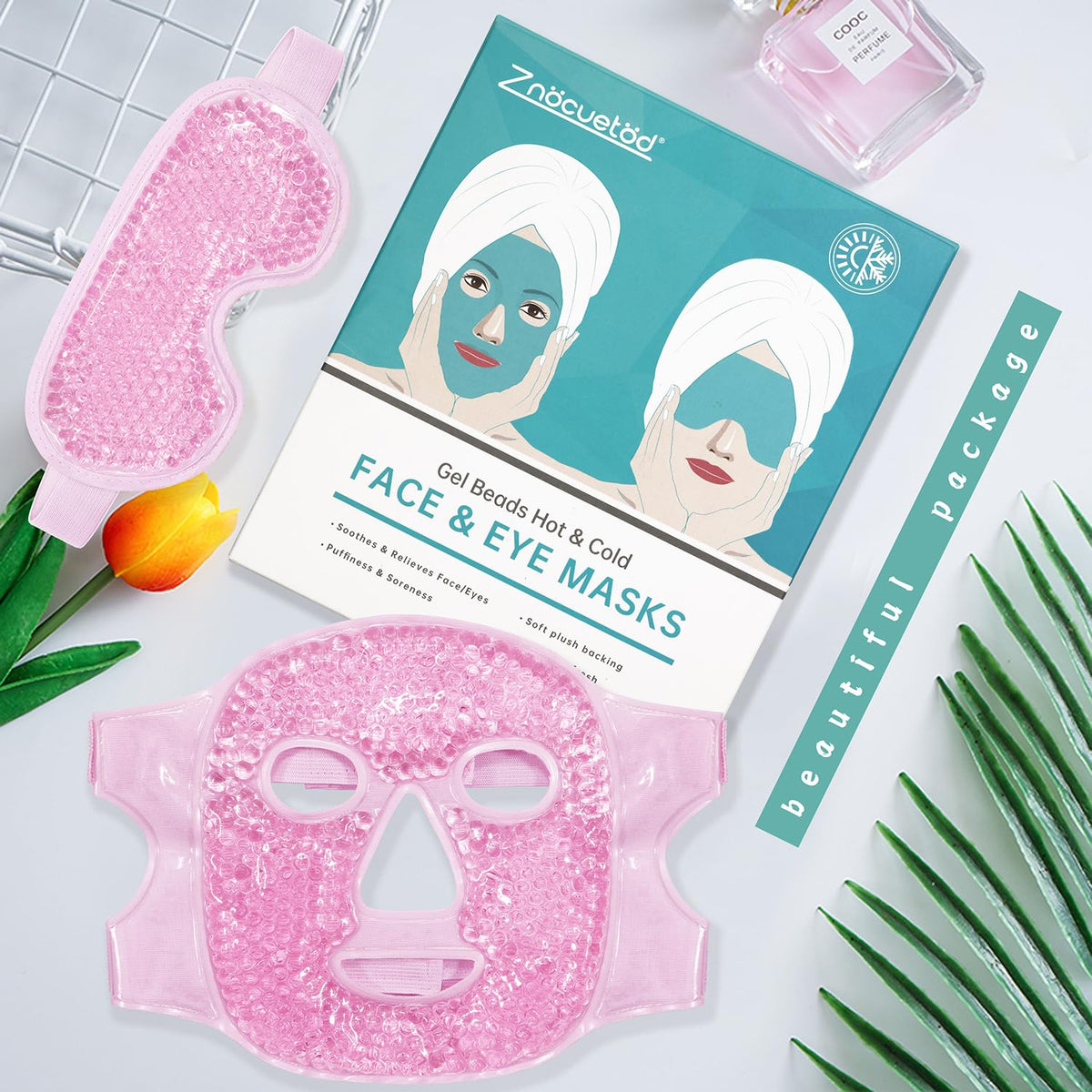ZNÖCUETÖD Face Eye Mask Ice Pack for Reducing Puffiness, Bags Under Eyes, Puffy Dark Circles, Migraine,Hot/Cold Pack with Soft Plush Backing (Pink-(1*Eye Mask+1*Face Mask))