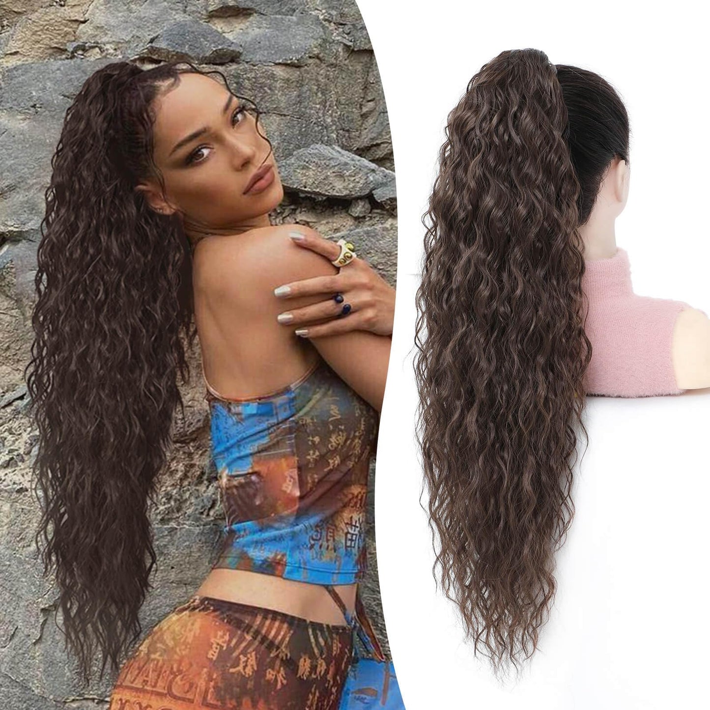 MARJORIE Ponytail Extension,30" Long Curly Claw Pony Tails Hair Extensions Chocolate Brown Fake Ponytail Fluffy Ponytail Extension Multi-layered Design Wavy Synthetic Ponytail Hairpiece for Women