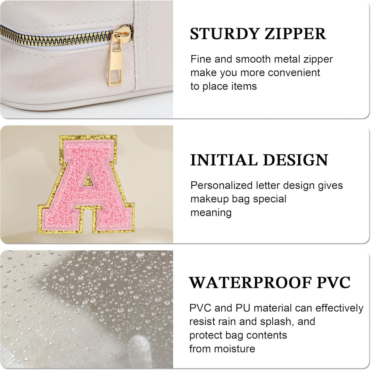 YOOLIFE Initial Make Up Bag Travel Toiletry Bag, Clear Makeup Bag Preppy Stuff Travel Essentials Pink Gifts for Women Teen Girlfriend Teacher Mom Birthday Birthday Gifts for Her Wife White A
