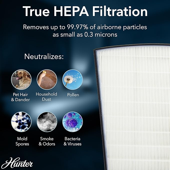 Hunter HP800 Air Purifiers for Home Large Room and Bedroom. True HEPA Air Purifier for Pets, Odors, Allergens, Smoke, Dust, VOC's. Value Bundle w/Extra Filter. Cleans 2585 Ft² per hour. Black