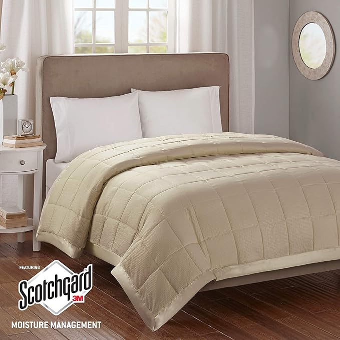 Madison Park Cambria Down Alternative Blanket, Premium 3M Scotchgard Moisture Wicking Treatment, Lightweight and Soft Bed Cover For Summer with Satin Trim, Oversized Twin Taupe