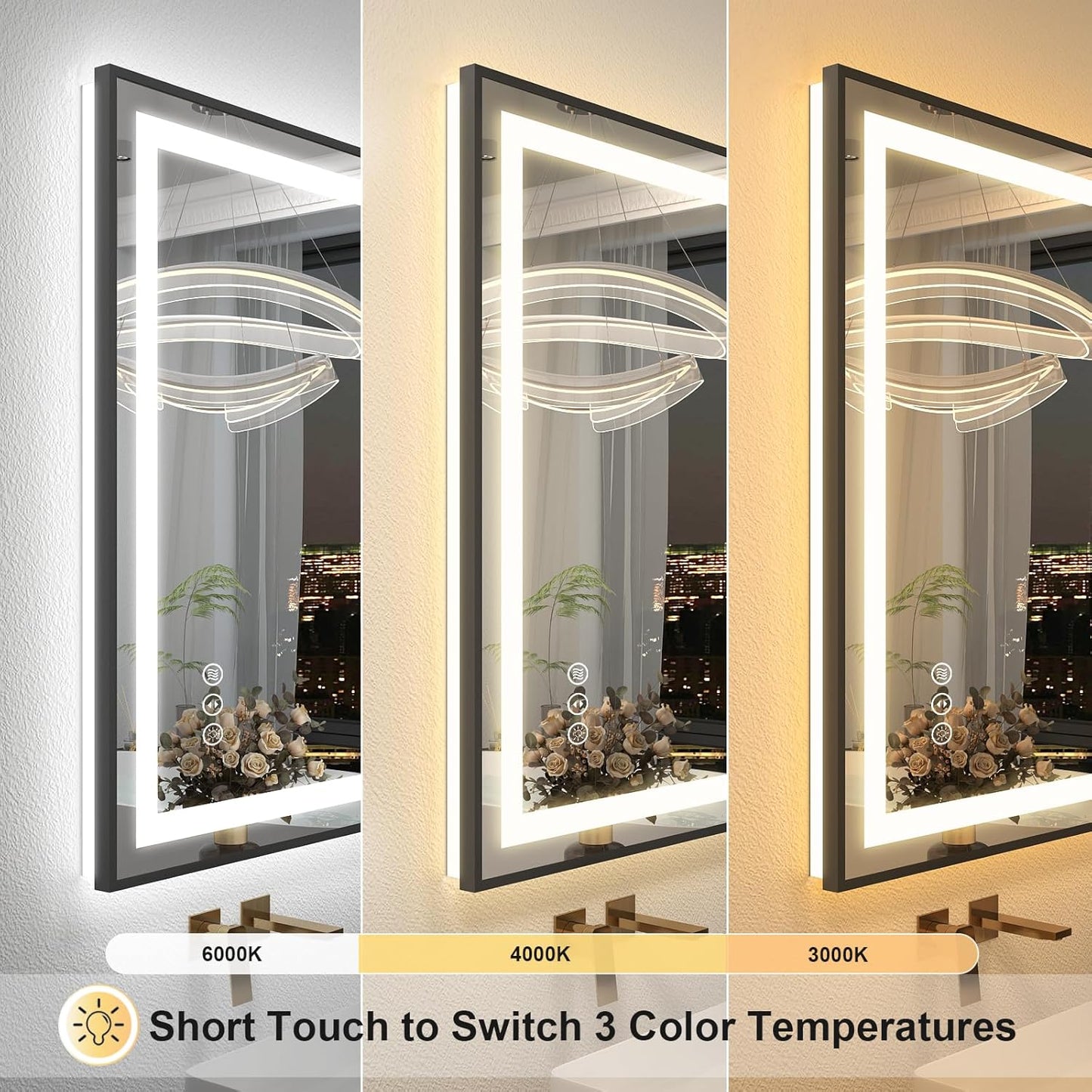 OKPAL 44x36 Lighted Bathroom Mirrors, Black Framed LED Bathroom Mirror, Defogger, Dimmable, Shatterproof, Memory, 3 Colors, ETL Listed (Front Light and Backlit)