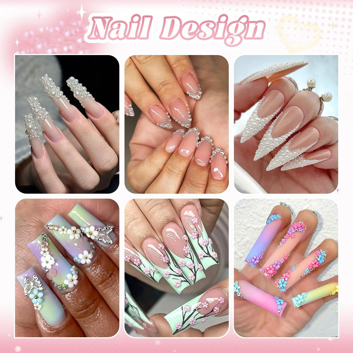 Flatback Pearls and 3D Flowers with Rhinestones Glue Gel for Nail Art, Pearl and Flower Nail Charms with Mini Round Caviar Beads