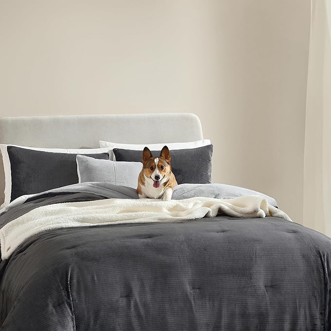 UGG Remina Comforter Set 5 Piece Bed in a Bag with Throw Blanket, Decorative Pillow, Shams, and Reversible Comforter Hypoallergenic Washable Luxury Plush Warm Fluffy Bedding Set, King, Charcoal Grey