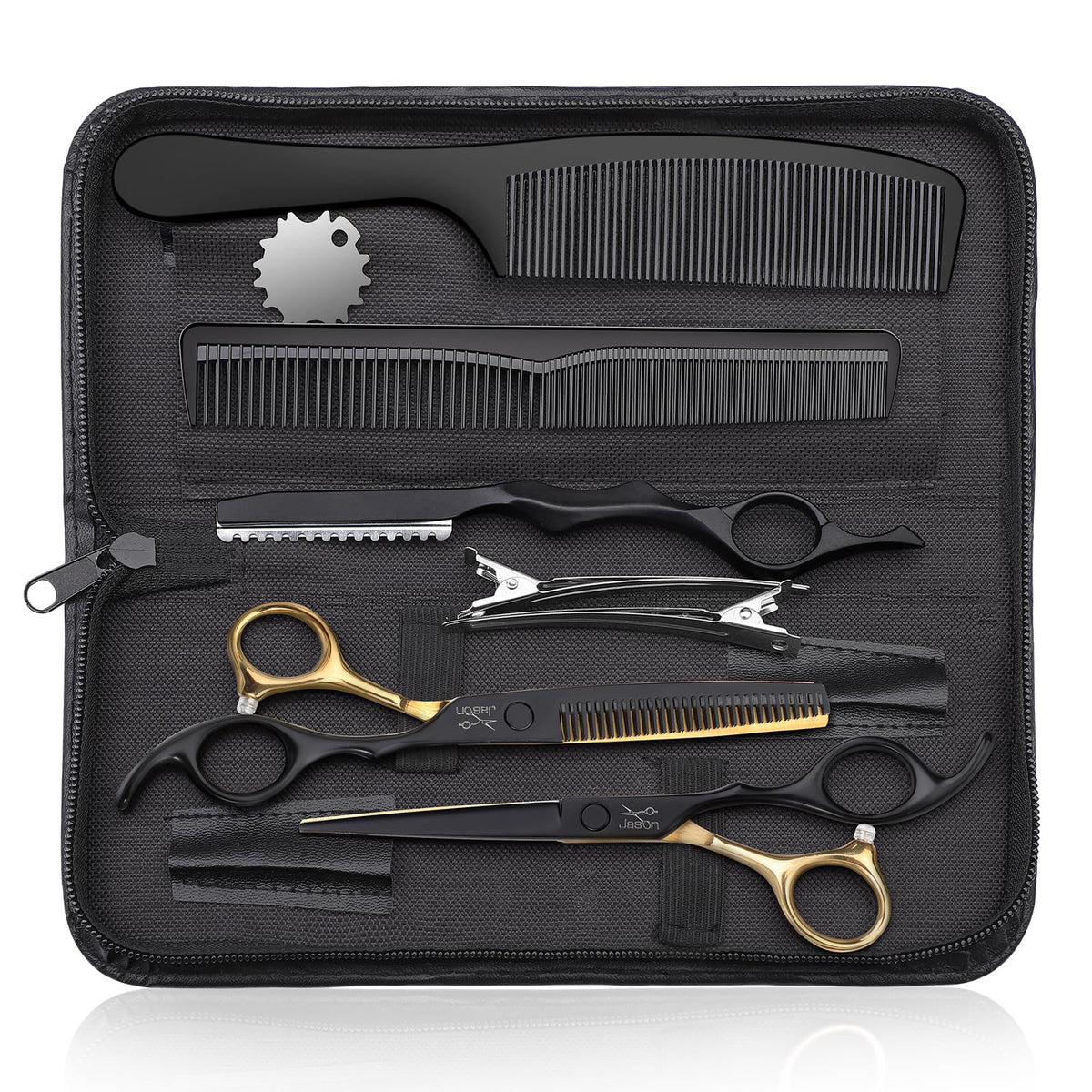 JASON Hair Cutting Scissors Kit - Professional 10 PCS Haircut Scissors Set with 6.5" Thinning/Texturizing Scissors, Straight Shears for Men Women Home Salon Barber (30 Teeth, Black & Gold)