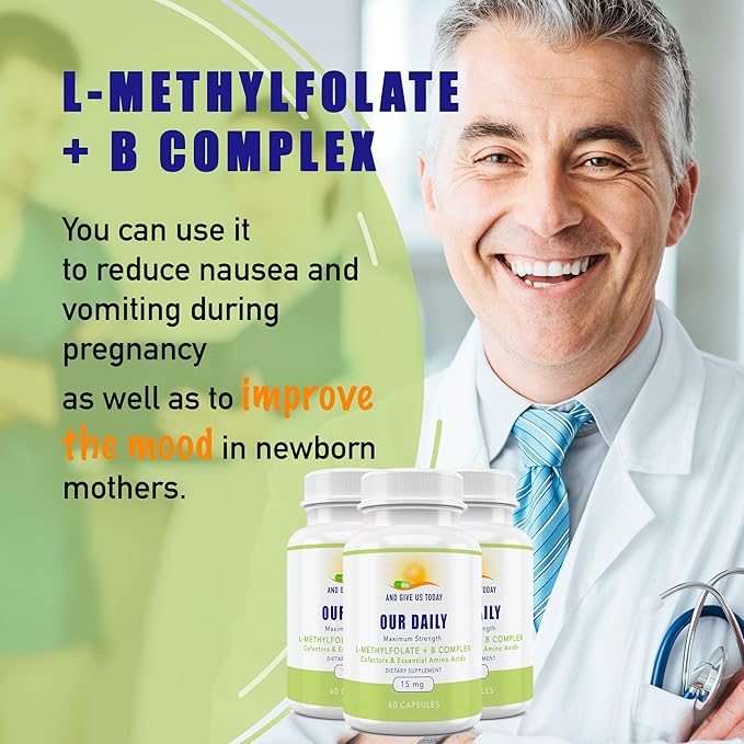 Our Daily Vites L-Methylfolate B Complex Cofactors & Essential Amino Acids (15mg) - Active Folate, Methylated B12 Methylcobalamin, B6 and Glycine - 60 Count