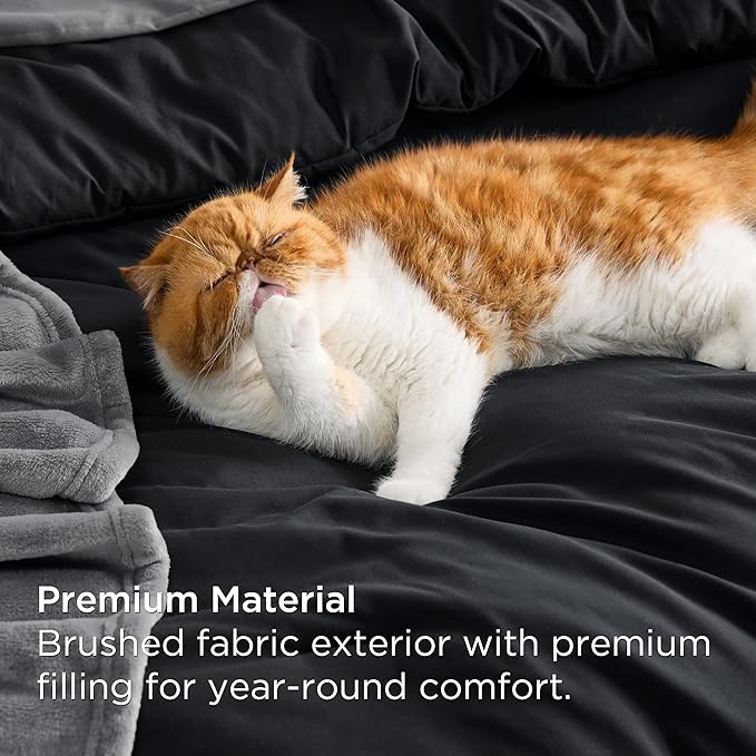 Bedsure Full Comforter Set Black, 8 Pieces Prewashed Full Size Bed in a Bag with Soft Fleece Bed Blanket, Down Alternative Bedding Set for All Seasons, Sheets, Pillowcases & Shams