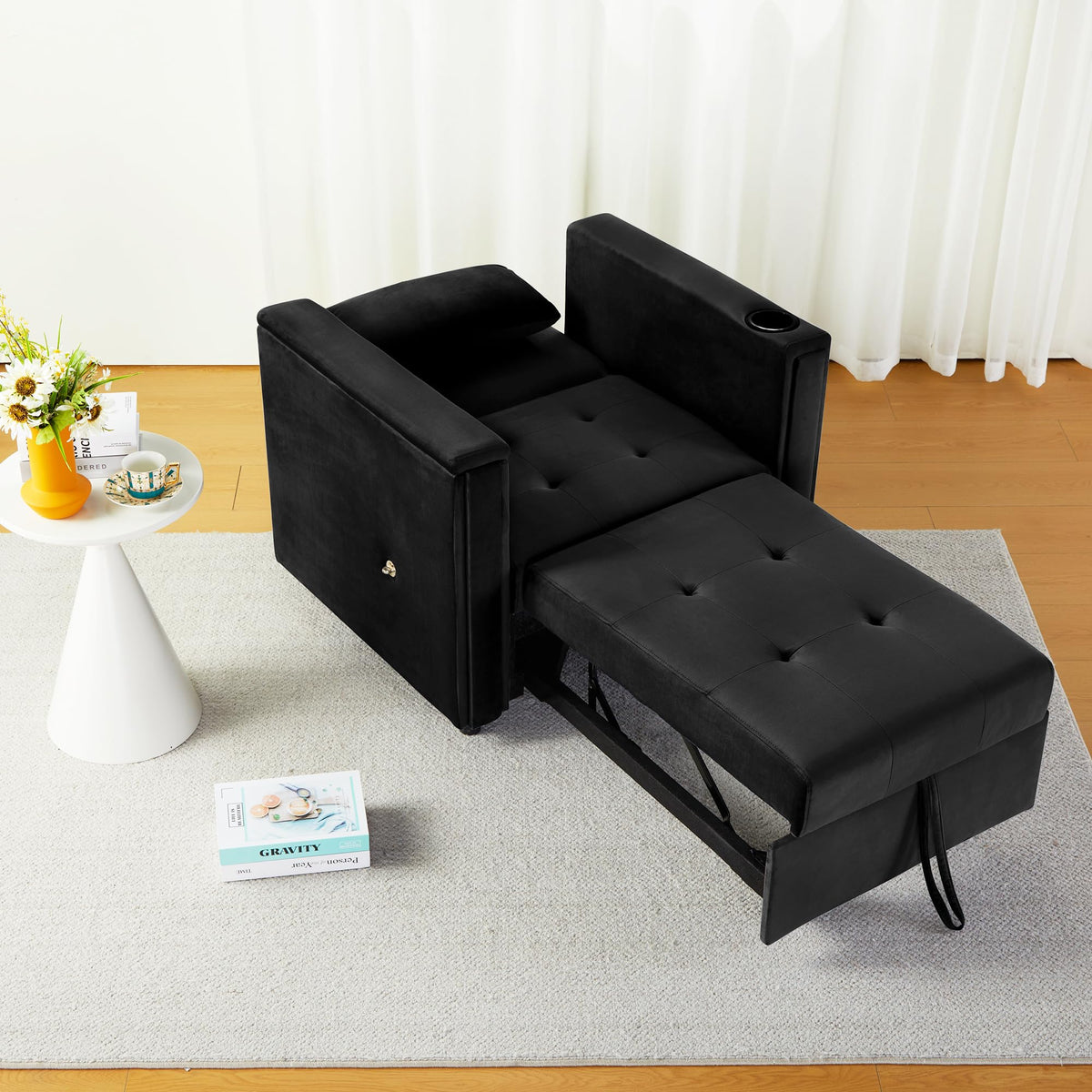 weselon Velvet Convertible Chair Bed, 3 in 1 Multi-Functional Lounge Chair Sleeper, Pull Out Couch Guest Bed with Hidden Table and Adjustable Backrest for Living Room Small Space Apartment (Black)