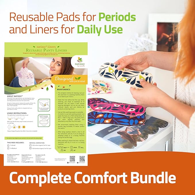 Organic Cotton EcoComfort Reusable Panty Liners for Women & Teens (Small, 7-Pack); High-Temp Washable Cloth Liners; Stay Fresh & Dry, for Daily Vaginal Discharge Only; 100% Breathable (no PUL/TPU)