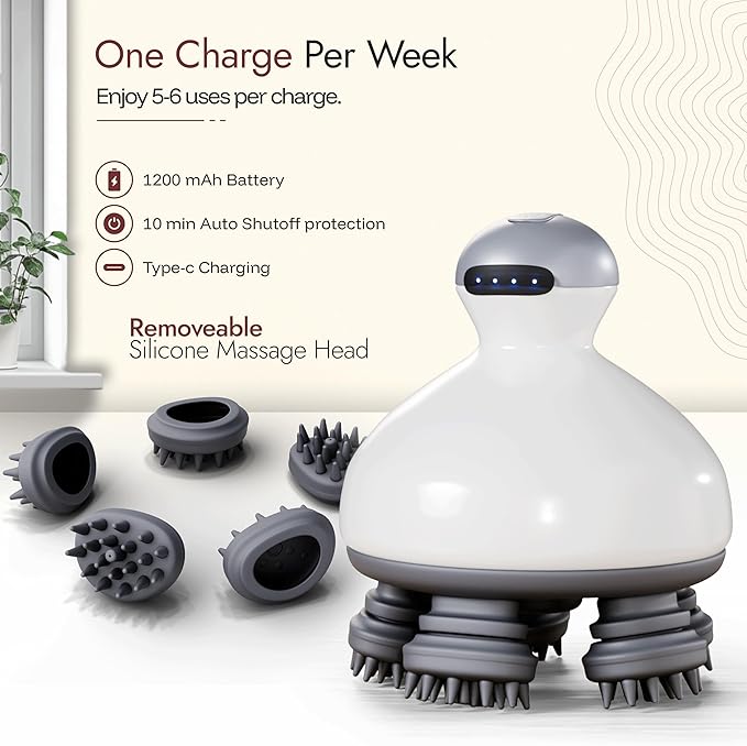 Electric Scalp Massager Hair Growth w/ 4 Massage Modes & Oil Compartment - Head Massager Scalp Stress Relax, Scalp Health - Removable Silicone Heads, Rechargeable, Pain Relief for Dry & Itchy Scalp