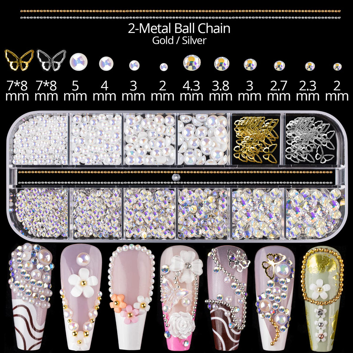 Mixed 3D Nail Art Gem Decoration Accessories Kit #5, Aurora Bear Bow Butterfly Starry AB Rhinestone Charm Jewelry for Deco, Pearl Flower Caviar Bead Stone Crystal with Dual-End Brush and Tweezer