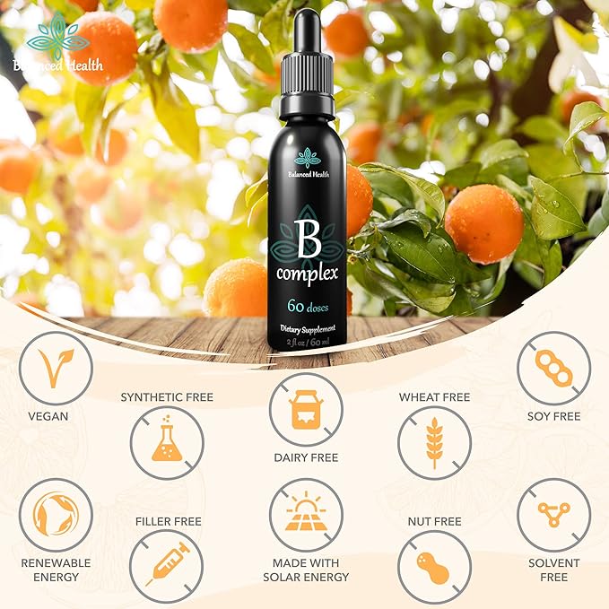 Vitamin B-Complex Drops, 2oz, 60 Doses, All 8 B-Vitamins, Immune Energy Support Supplement Non GMO Vegetarian Safe