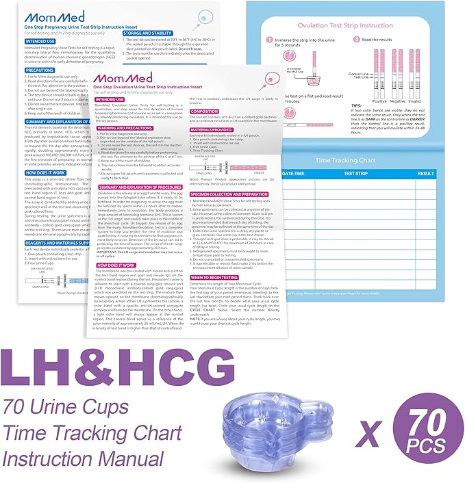 MomMed Ovulation Test Strips, Ovulation and Pregnancy Tests (LH50-HCG20), Includes 50 Ovulation Tests and 20 Pregnancy Tests with 70 Urine Cups, Accurately Track Ovulation and Detect Early Pregnancy