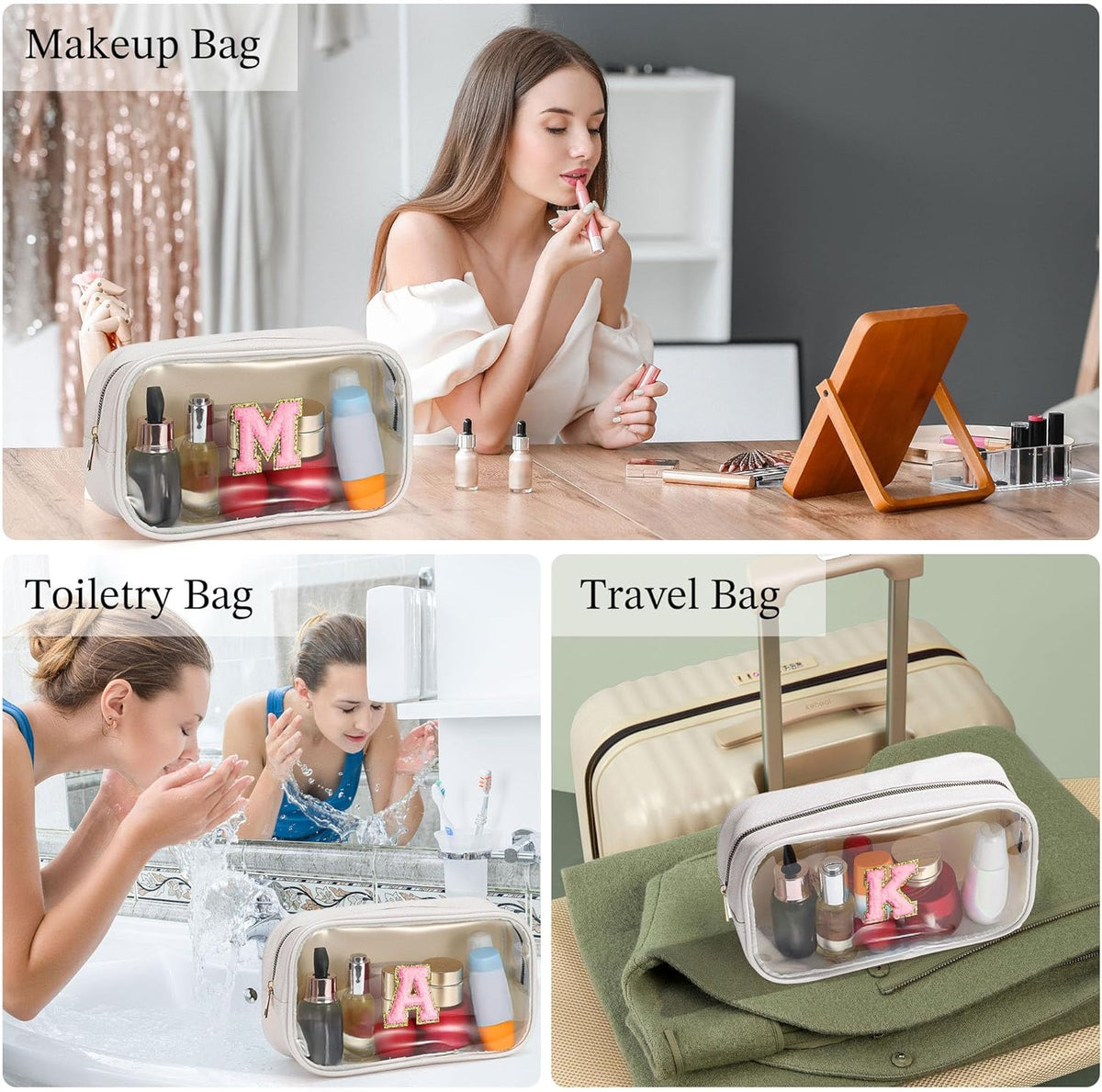 YOOLIFE Initial Make Up Bag Travel Toiletry Bag, Clear Makeup Bag Preppy Cosmetic Bag Clear Makeup Bags With Zipper Girlfriend Teacher 6 Year Old Girl Gifts Daughter Gifts Swim Gifts For Girls White P