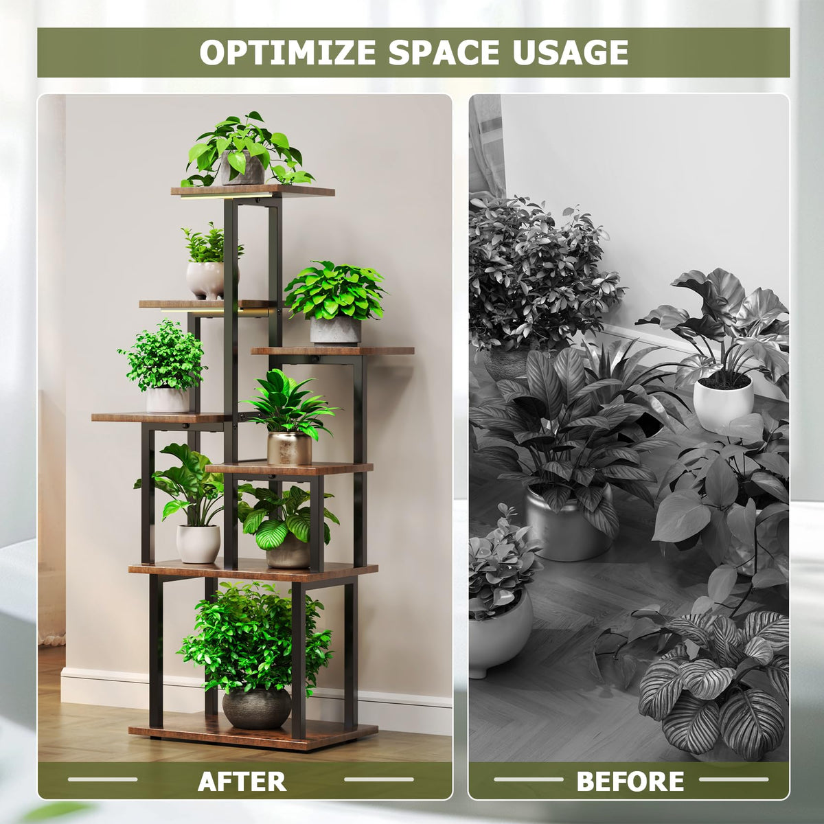 TC-HOMENY Plant Stand Indoor with Grow Lights, 7 Tiered Metal Plant Shelf, 45" Tall Irregular Plant Stand for Indoor Plants, Plants Flower Holder, Plant Shelf Display Rack for Patio, Living Room