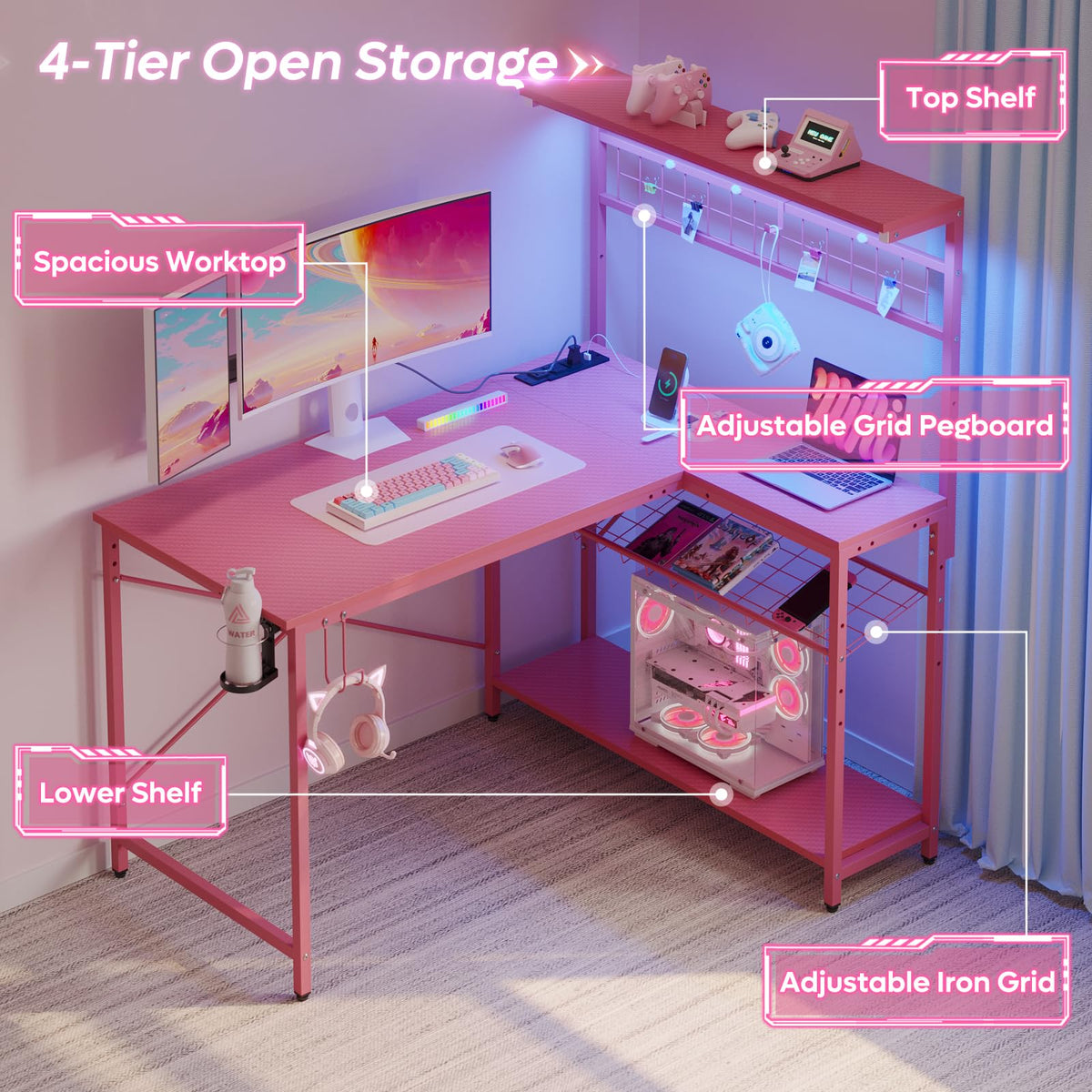 Bestier 42 L Gaming Desk,Computer Desk with Power Outlets, LED Lights, Reversible Corner Desk with 4-Tier Shelves,Cup Holder & Hook Carbon Fiber Pink