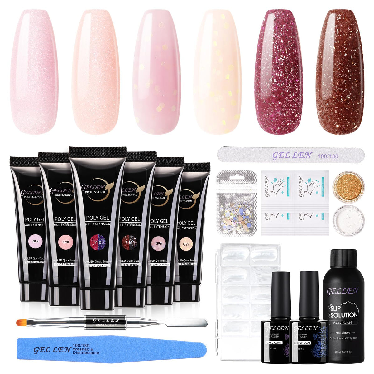 Gellen Poly Nail Extension Gel Kit, 6 Colors Poly Nail Gel Kit Nude Pink Glitter All In One Kit Builder Gel with Base Top Coat Set Slip Solution Nail Forms French Manicure Set for Beginner