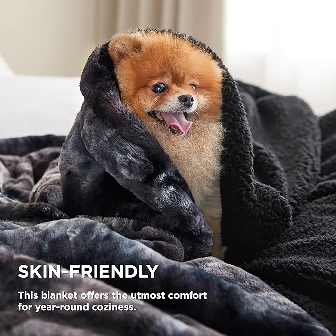 Bedsure Sherpa Blanket Twin Size - Soft, Fuzzy & Fluffy Faux Fur - Warm, Cozy Blanket for Couch, Sofa and Bed, Tie Dye Design, Black, 60x80 Inches