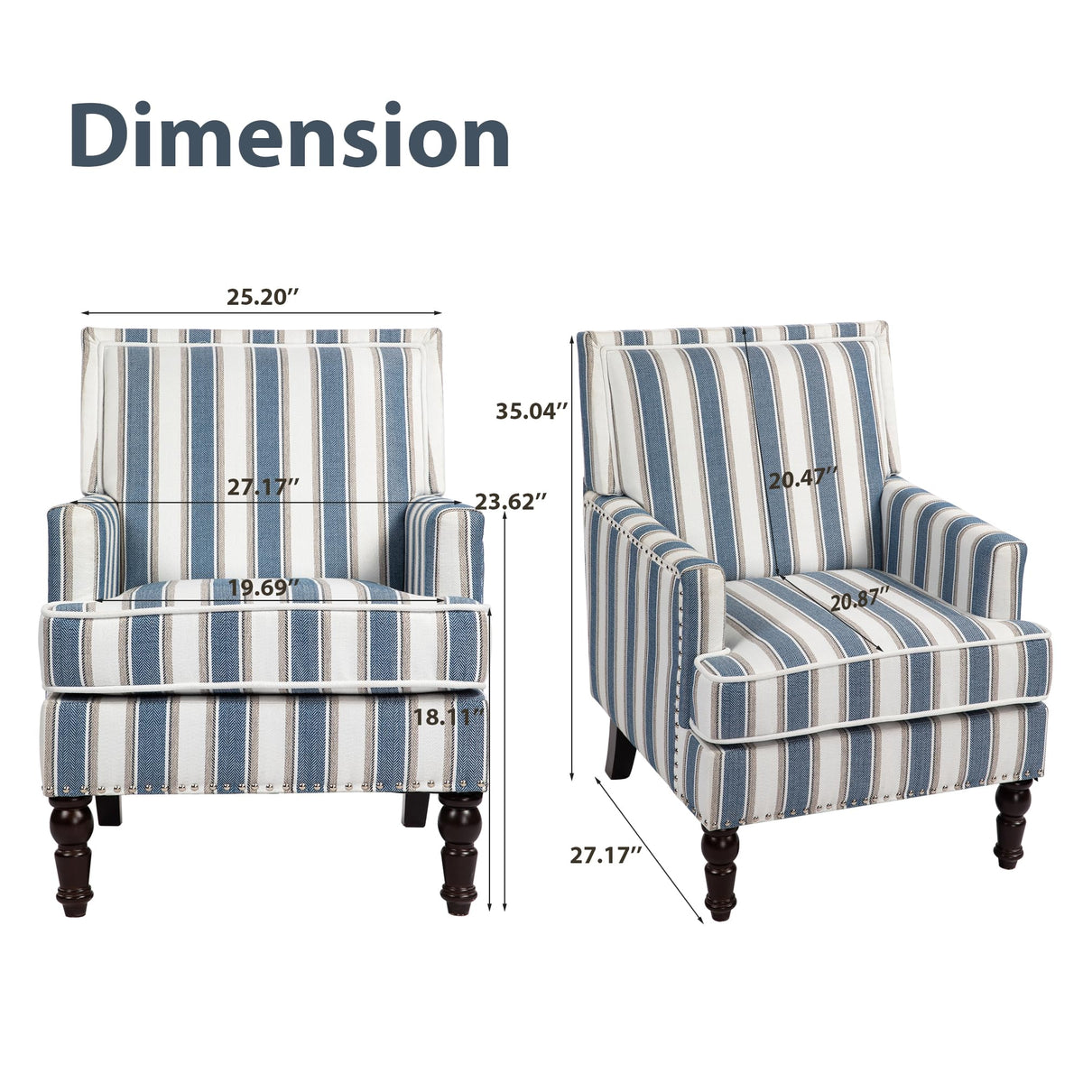 WakeZero Accent Chair, Modern Comfy Mid-Century Accent Chairs Upholstered Lounge Armchair with Solid Wood Frame for Living Room/Bedroom-Blue Stripe