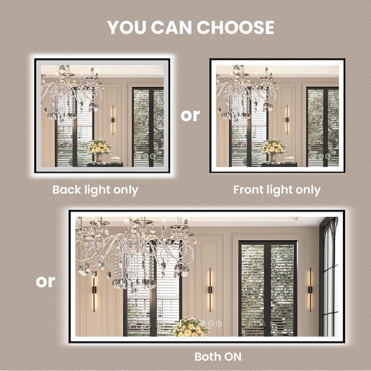 Amorho 60" X36" LED Bathroom Mirror with Black Frame, Front Light and Backlit(Controlled Separately), Stepless Dimmable, Anti-Fog, Shatter-Proof, 3 Colors, Memory
