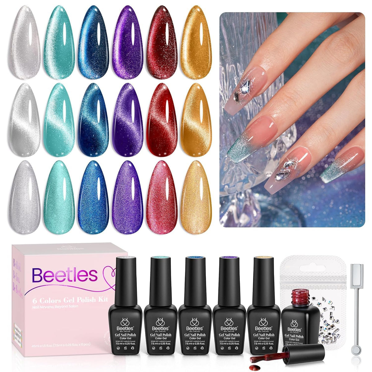 Beetles Cat Eye Gel Nail Polish Set - 6 Colors Glitter Burgundy Red Silver Blue Purple Green Gold Magnetic Cat Eye Gel Polish Holographic Effect Velvet Nail Art Salon DIY Home Gift for Women