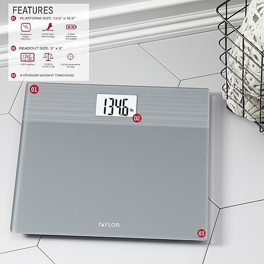 Taylor Digital Wide Platform Bathroom Scale, Scale for Body Weight, Highly Accurate Weighing Machine, Battery Powered, FSA HSA Eligible, Highly Accurate, Measures Weight up to 500 lb Capacity, Gray