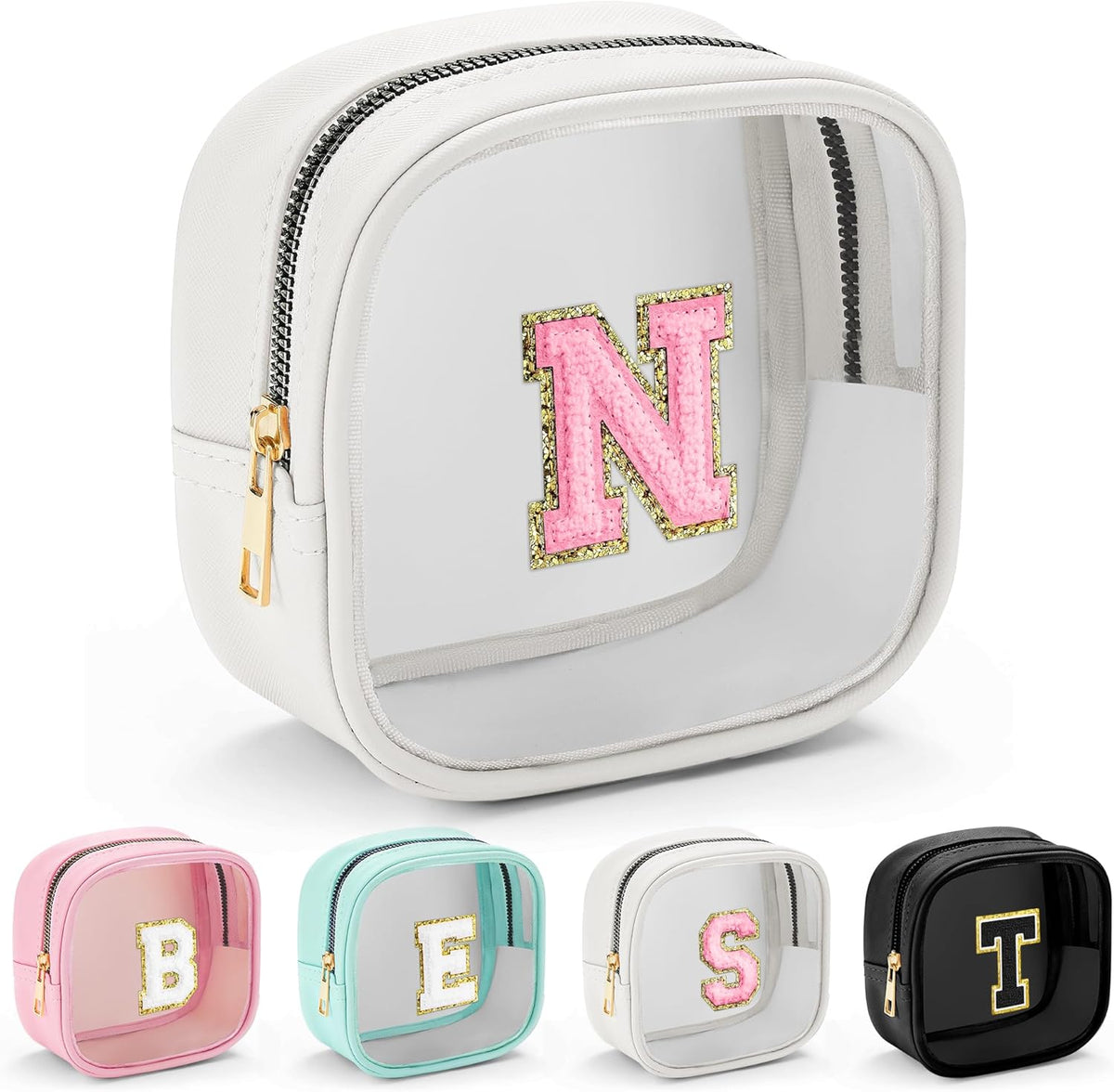 YOOLIFE Initial Make Up Bag Travel Toiletry Bag, Clear Makeup Bag Preppy Cosmetic Bags Organizer Travel Essentials Gifts for Women Teen Girlfriend Teacher Mom Birthday Mothers Day Gifts White M