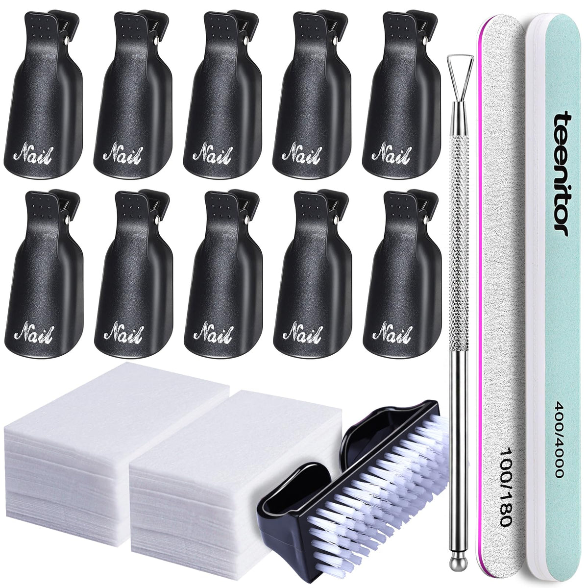 Teenitor Nail Gel Remover Tools Kit with Nail Remover Clips, Nail Remover Pads, Nail Brushes, Nail File Buffer, Cuticle Peeler Black