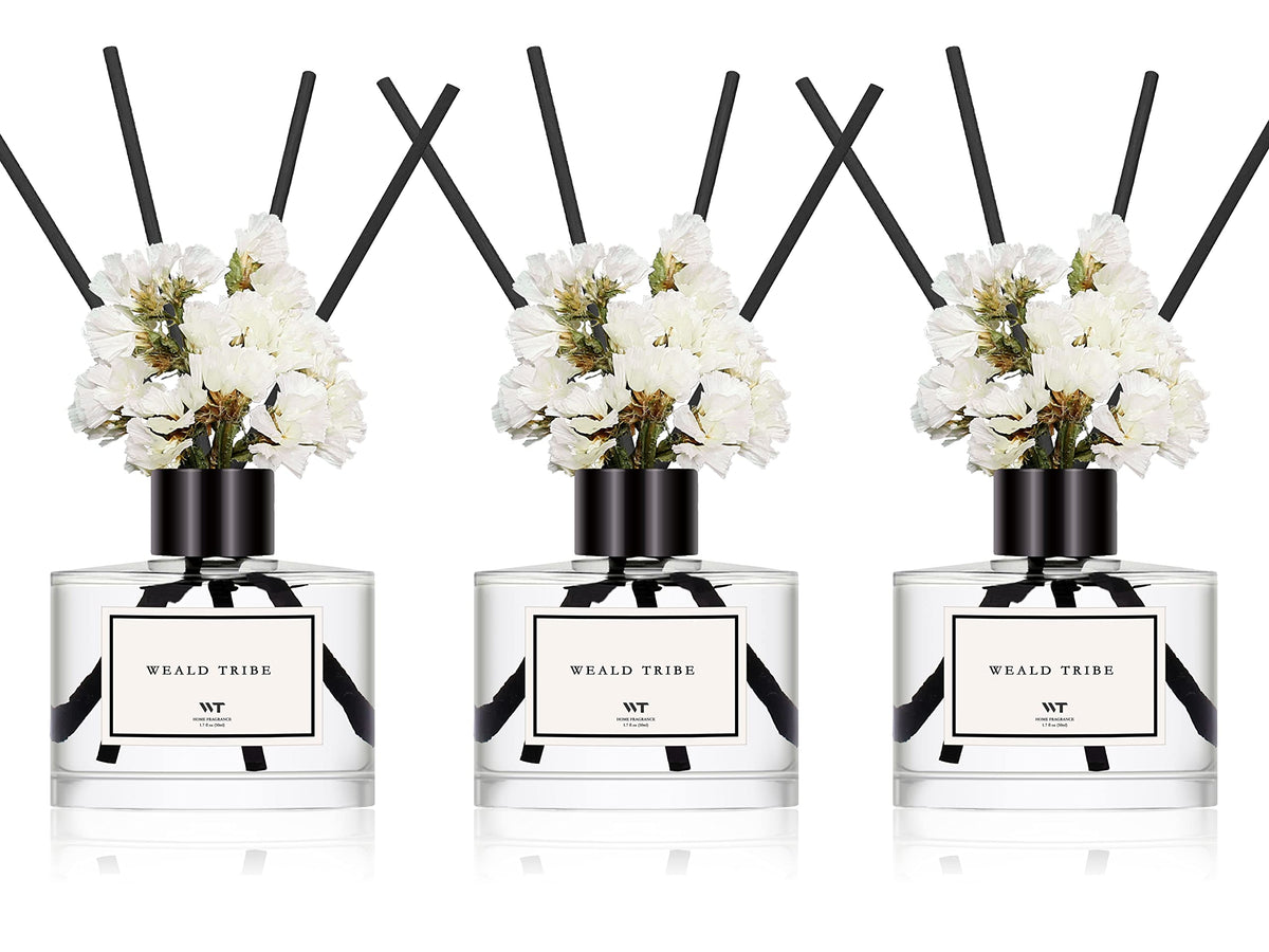 WEALD TRIBE Real Flower Reed Diffuser Set of 3 for Bathroom Air Fresheners, Oil Defusers | Fresh Linen/Ocean/Eucalyptus & Mint Scent(1.7 fl oz Each Pack) Home Fragrance with 12 Stick | Shelf Decor