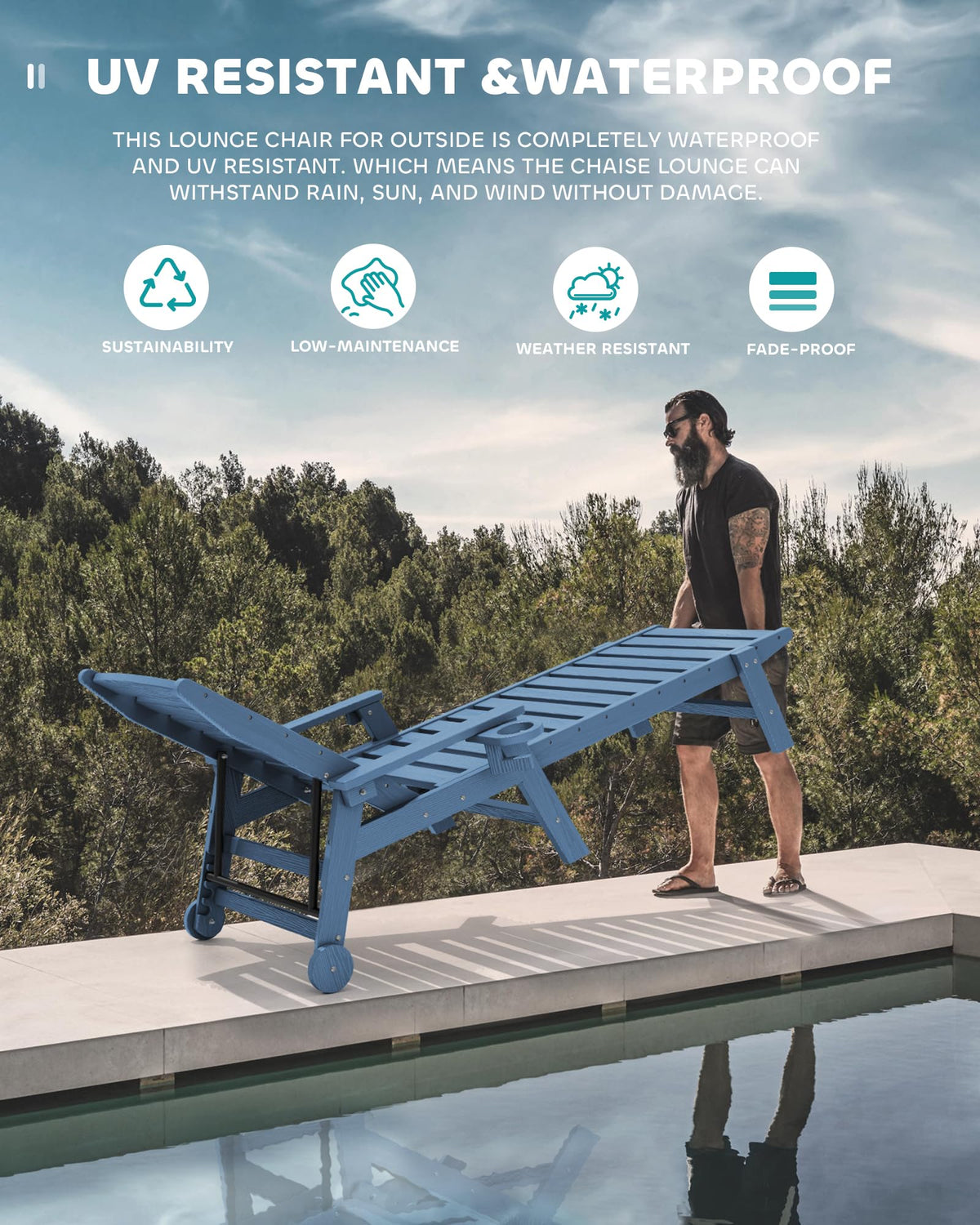 SERWALL Patio Chaise Lounge Chair Set of 2, 78'' Long 5-Positions Adjustable HDPE Outdoor Lounge Chair for Pool, Poly Lounge Chair with Rolling Wheels & Cup Holder for Poolside, Deck, Blue