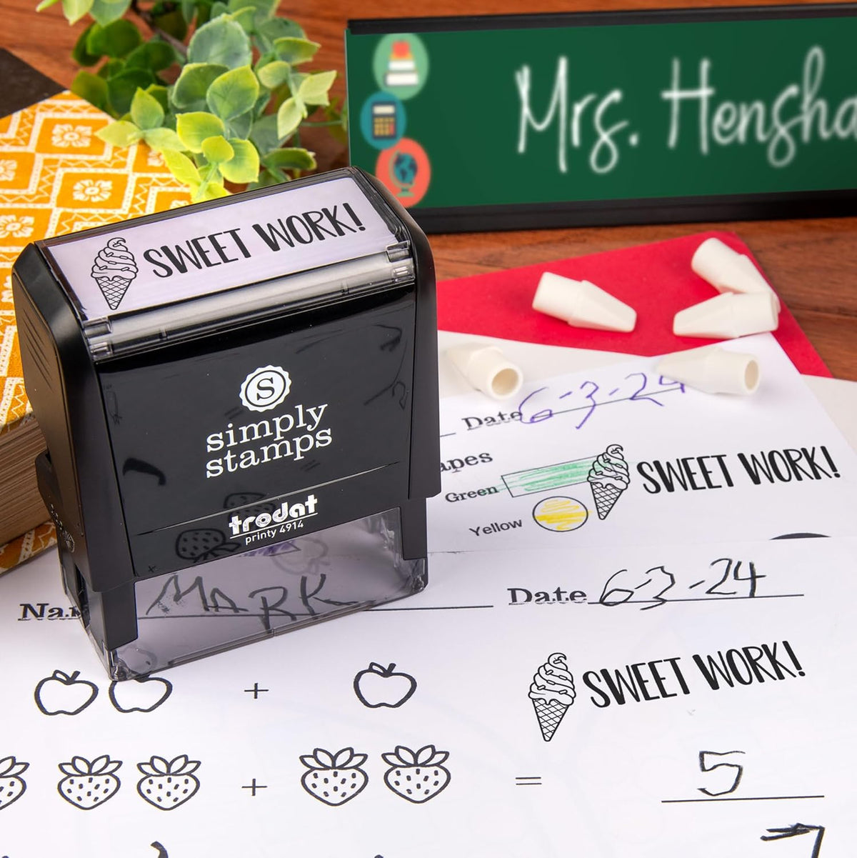 Custom Self-Inking Stamps | 49 Designs | 30 Fun Phrases | 2 Classroom & Library Book Stamps (Sweet Work!, Giant)