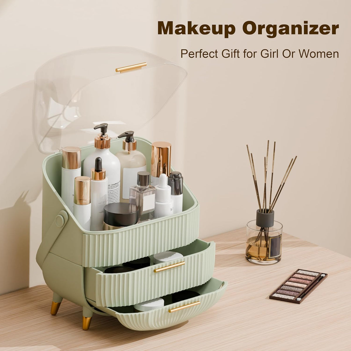 Makeup Organizers and Storage, Make up Organizer for Vanity Cosmetics Skincare Organizers With Lid and Drawers Display Cases for Countertop（Light Green）