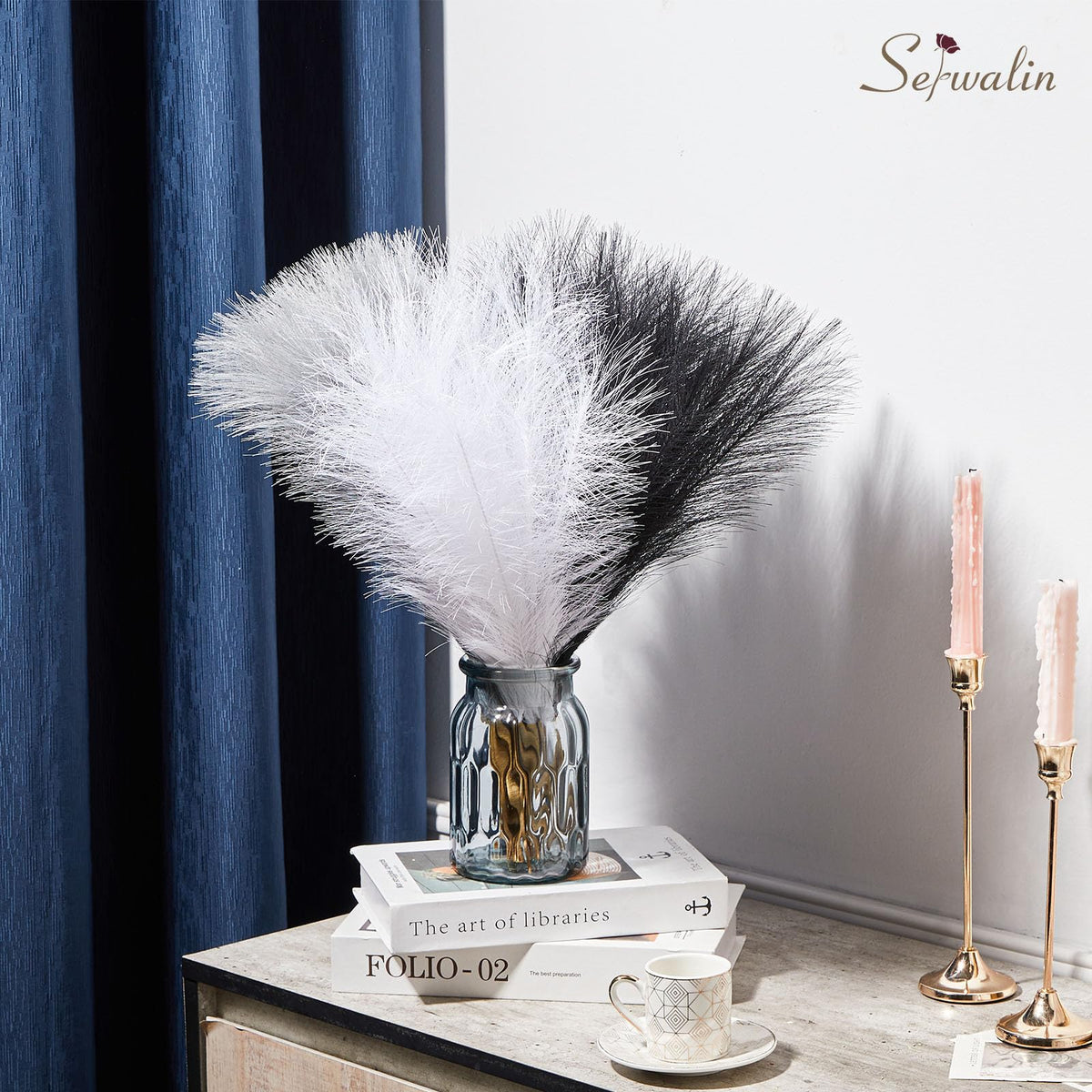 Serwalin 60Pcs Black Pampas Grass Decor, 17'' Faux Pampas Grass, Fluffy Artificial Pompous Grass Vase Filler Flower Arrangement for Living Room Decor Wedding Party Home Decor (Black＆White＆Gray)