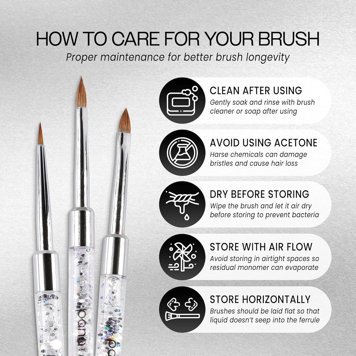 PANA 3D Kolinsky Nail Art Brush - Silver Glitter Handle, Size 5 - Acrylic Nail Art Sculpture Brush for Manicures Pedicure Salon Professional or Beginner
