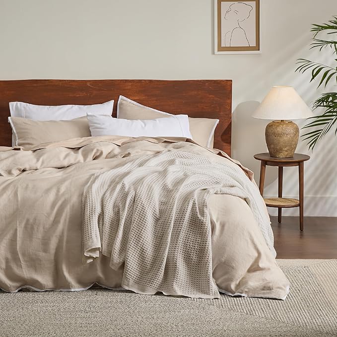 Bedsure 100% Cotton Blanket Queen Size for Bed - Breathable and Soft, Waffle Weave Blanket for Summer Spring, Khaki (a Little Bit Yellow), 90x90 Inches
