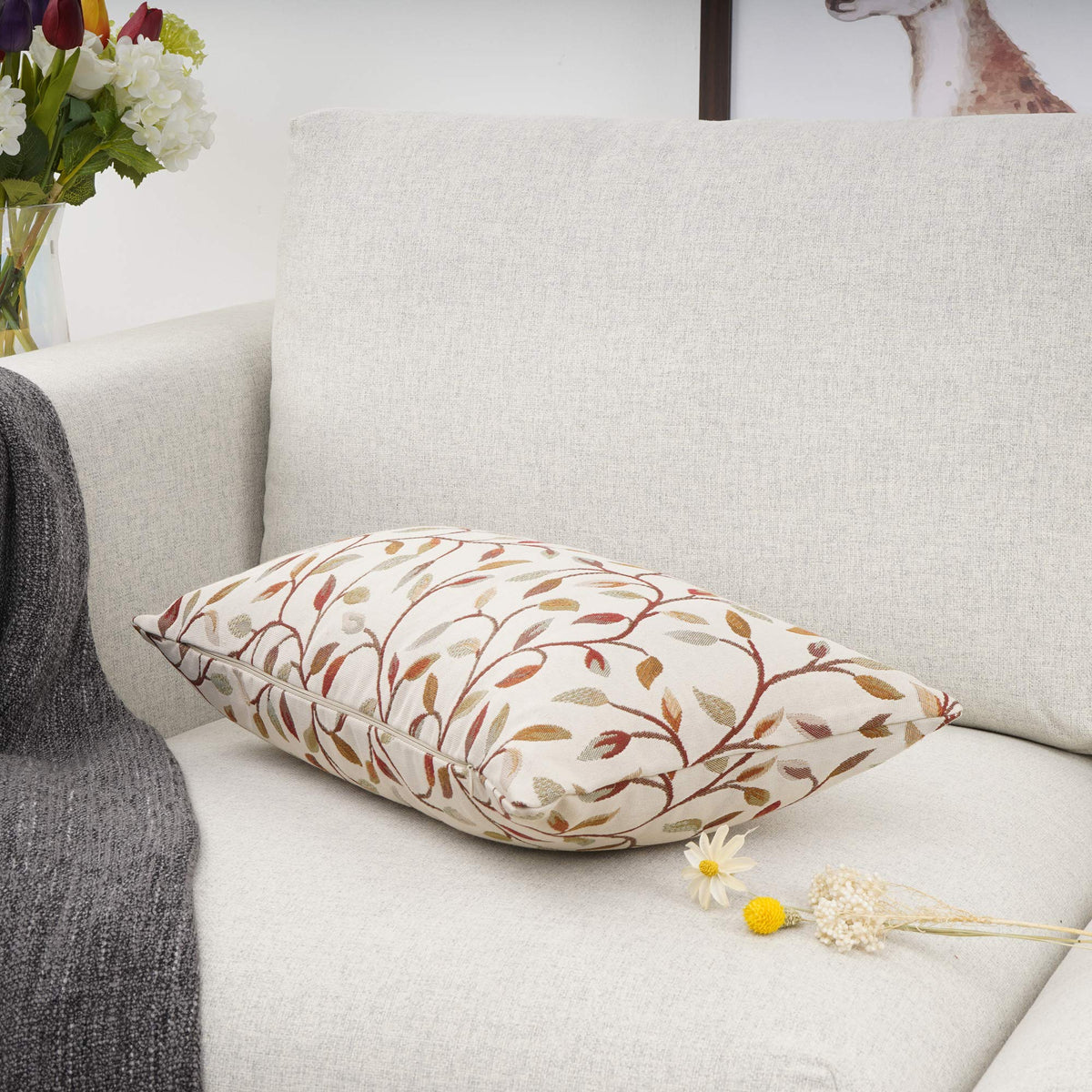 YOUR SMILE Farmhouse Oblong Rectangle Floral Chenille Embroidery Decorative Throw Pillow Case Cushion Cover Lumbar Pillowcase for Sofa 12 x 20 Inch, Brown Leaves