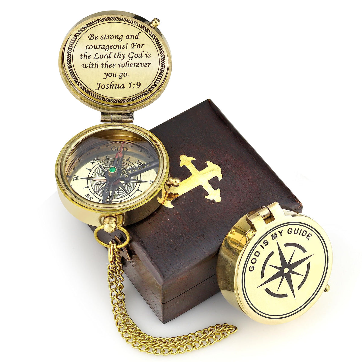 God is My Guide Polished Brass Compass Gift with Display Box - Engraved Scripture Prayer Compass Religious Gift for Men & Women - Baptism, Confirmation, Communion Compass for Boys Graduation Gift