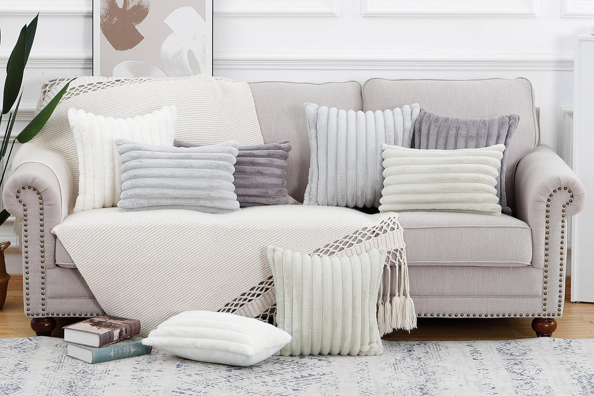 MADIZZ Set of 2 Faux Wool Plush Decorative Throw Pillow Covers 12x20 Inch Greyish White Fluffy Striped Soft Decorative Cushion Cover for Sofa Bedroom Pillow Shell