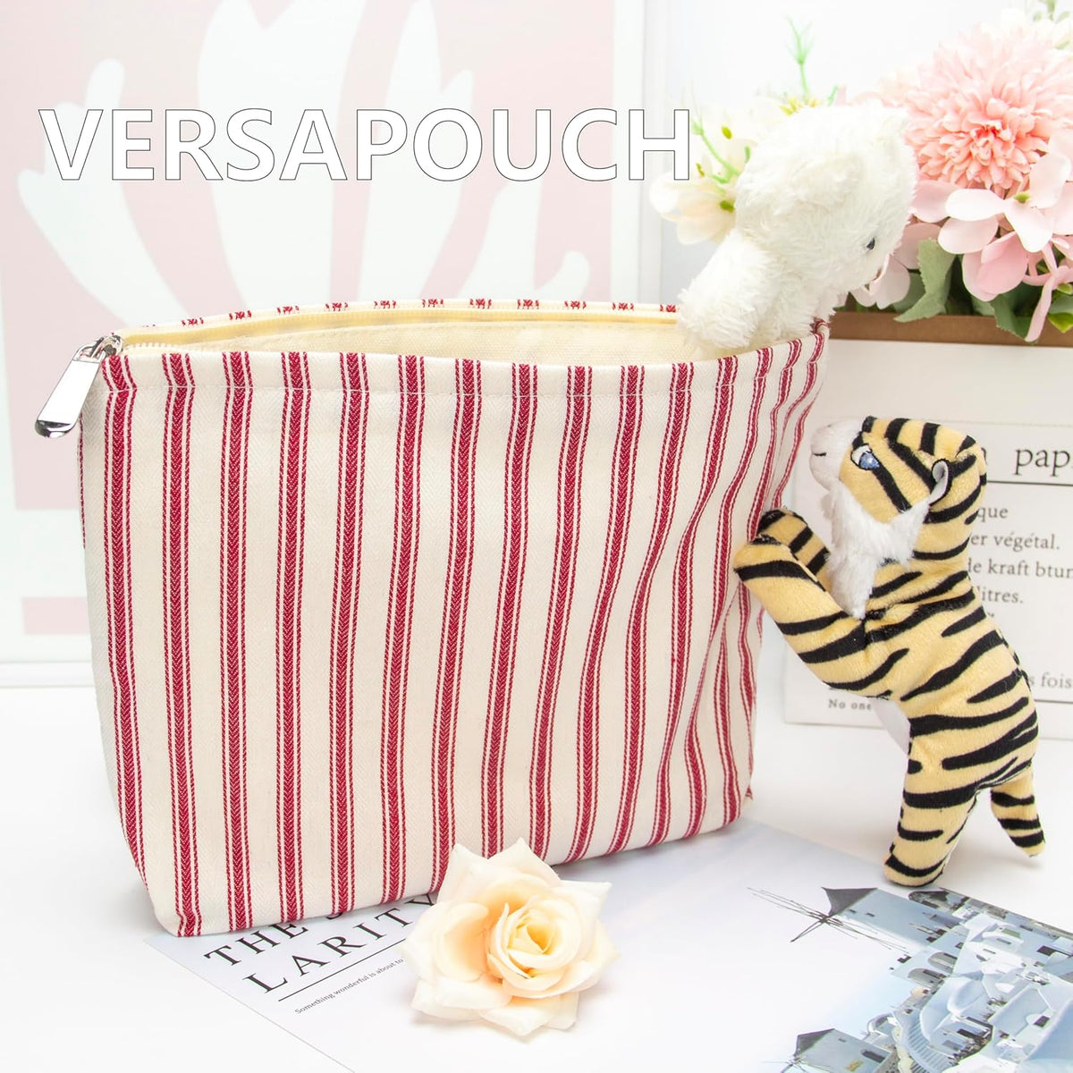PAZIMIIK Makeup Bag Large Cotton Zipper Pouch for Purse Travel Canvas Make Up Organizer for Women Cosmetic,Vintage Stripe Red