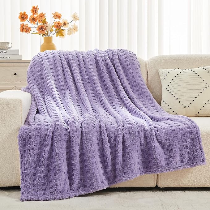 NEWCOSPLAY Super Soft Throw Blanket Lavender Premium Silky Flannel Fleece 3D Waffle Checkered Lightweight Bed Blanket All Season Use (Lavender, Throw(50"x70"))