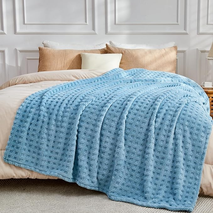 NEWCOSPLAY Super Soft Queen Blanket Blue Premium Silky Flannel Fleece 3D Waffle Checkered Lightweight Bed Blanket All Season Use (Blue, Queen(90"x90"))