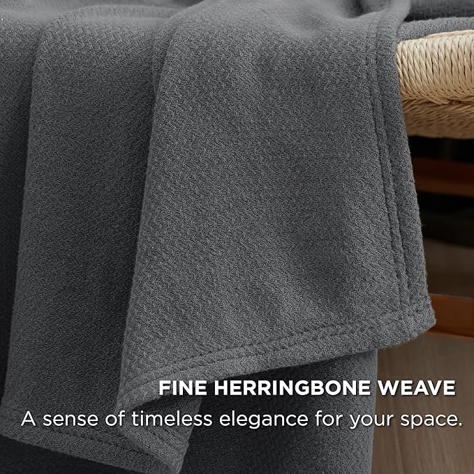 Bedsure 100% Cotton Blanket Queen Size for Bed - Breathable and Lightweight, Soft Cozy Textured Herringbone Woven Blanket for Summer Spring, Dark Grey, 90x90 inches