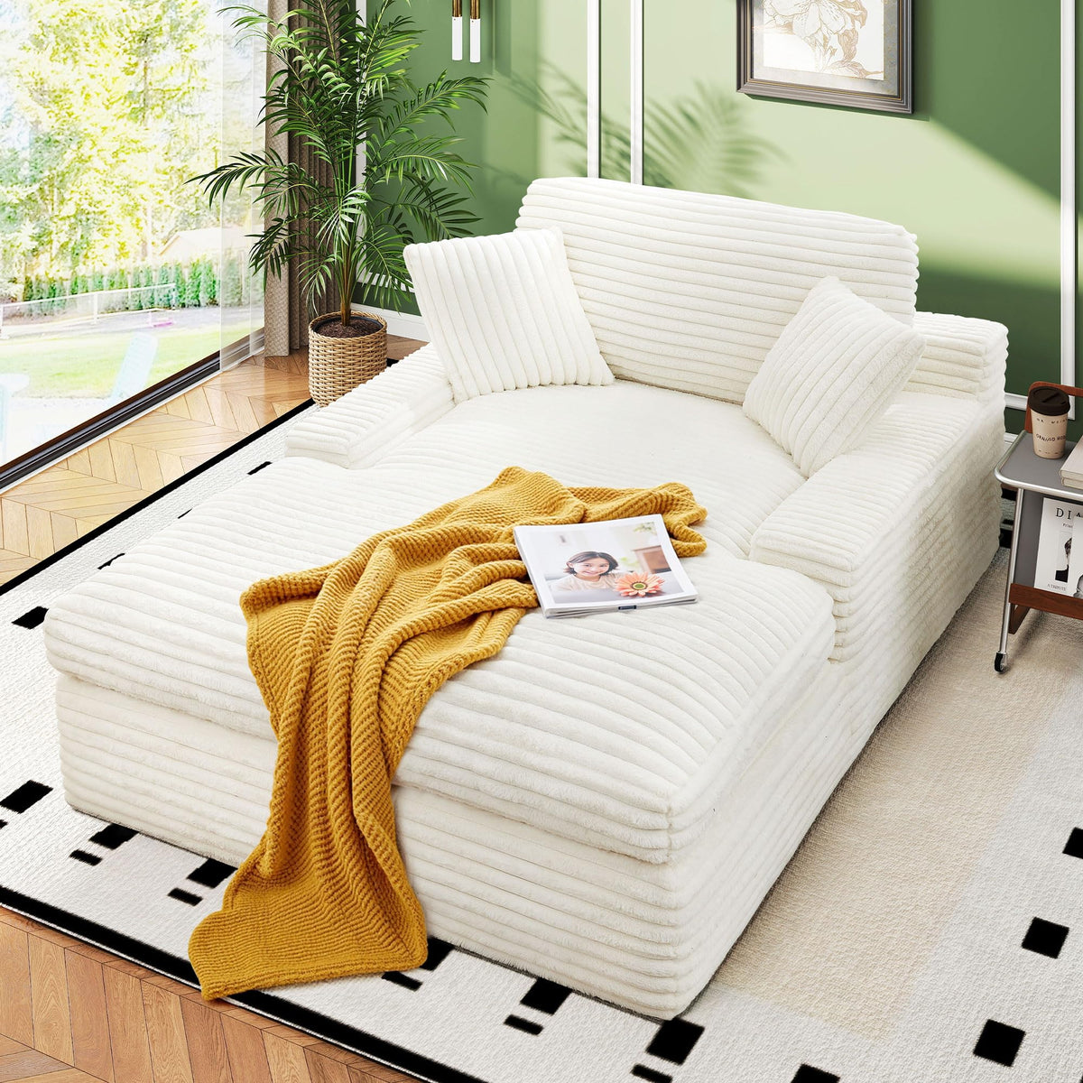 WorthFurni 57.5" Oversized Chaise Lounge Chair Indoor - Upholstered Sofa Bed with Cushions and Armrests Sleeper Chair - Plush Bed for Living Room(White