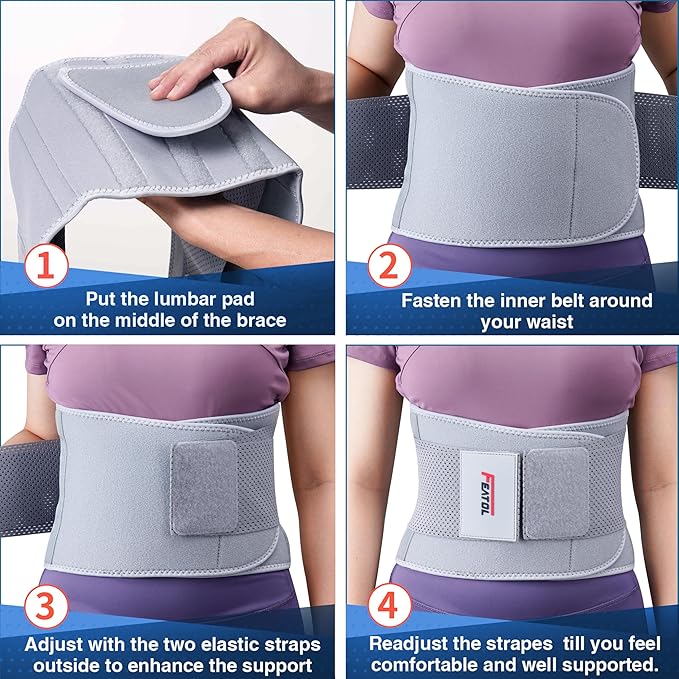 FEATOL Back Brace for Lower Back Pain Women, Breathable Back Support Belt for Women & Men with Lumbar Pad, Lumbar Support Belt for Heavy Lifting & Work, Scoliosis, Grey, L/XL (Circumference:30-38.6")