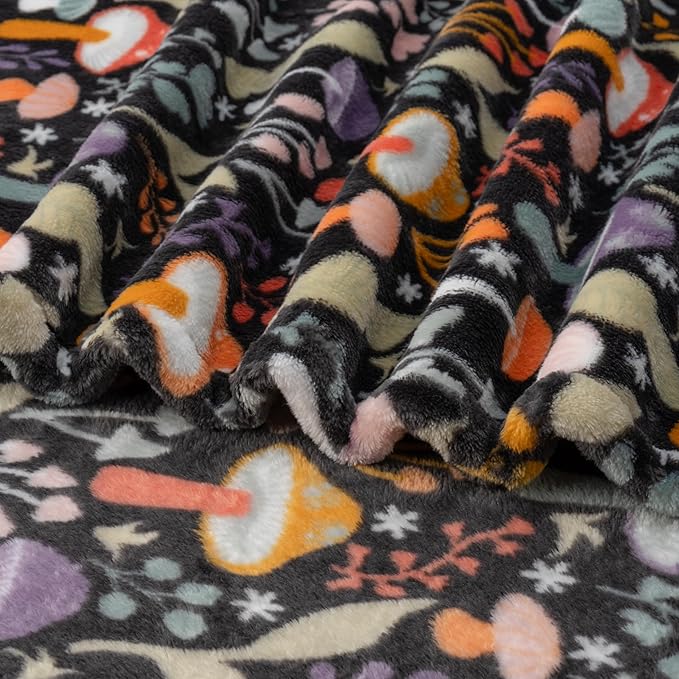 Berkshire Blanket-Classic Heavyweight Soft Printed VelvetLoft® Plush Blanket, Full/Queen Size Soft Fuzzy Warm Blanket for Couch Sofa Bed, Mushroom Cutie Charcoal, 90in x 90in
