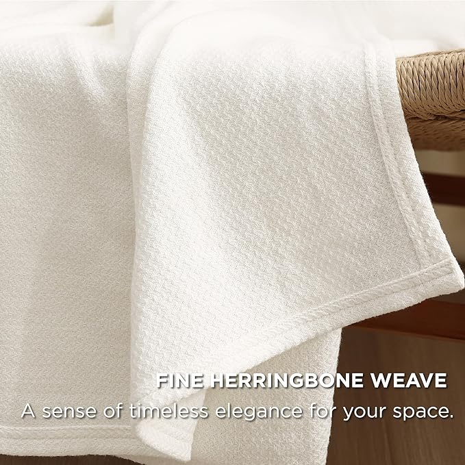 Bedsure 100% Cotton Blanket King Size for Bed - Breathable and Lightweight, Soft Cozy Textured Herringbone Woven Blanket for Summer Spring, Ivory, 108x90 inches